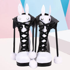 Kawaii Bunny Ears Lace-up Fuzzy Ball Collar High Heel Lolita Boots