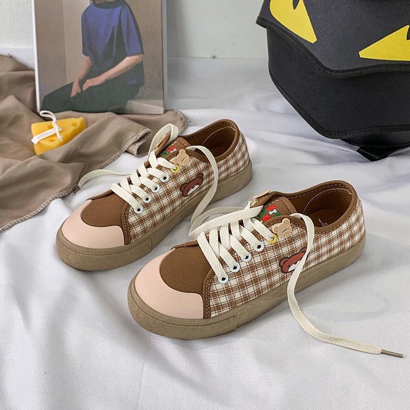 Kawaii Brown Flat Cute Bear plaid Shoes