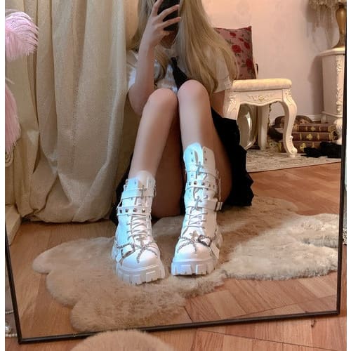 Black White Punk Cross Chains Boots ON175