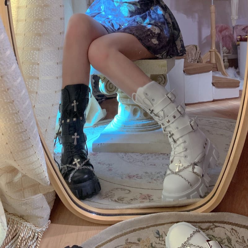Black White Punk Cross Chains Boots ON175