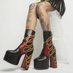 Goth Cool Black Flame Print Platform High Heel Ankle Boots BE568