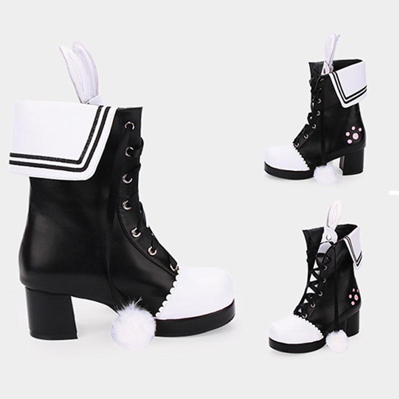 Kawaii Bunny Ears Lace-up Fuzzy Ball Collar High Heel Lolita Boots