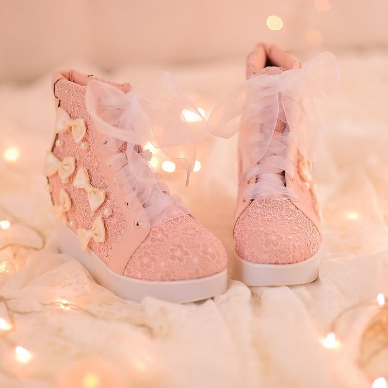 White/Pink Winter Candy Bowknot Lace Elevator shoes High-top Sneakers