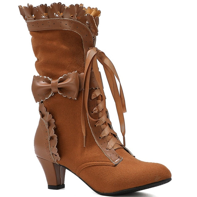 5 Colors Big Size Sweet Bowknot Ruffle Calf Mid Heels Boots