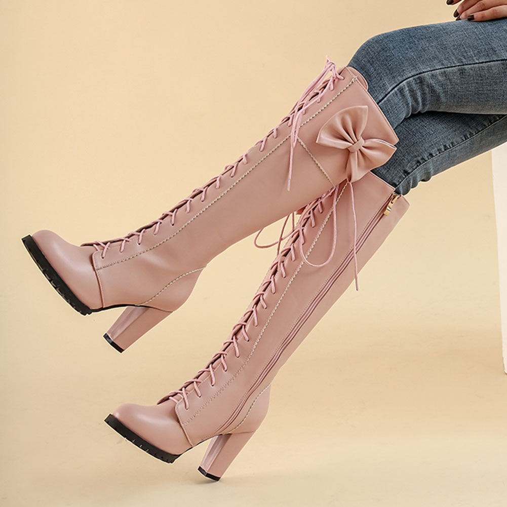 Black/Red/Pink/White Plus Size High Heels Lolita Sweet Zip Up Long Boots BE509