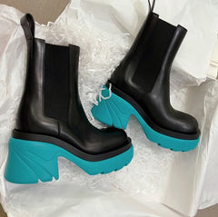 Pink/Blue/Green/Black Warm Round Toe Thick-soled  Square Heel Boots BE490