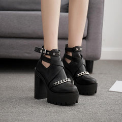 Black Gothic Buckle Round Toe Chain Platform Boots