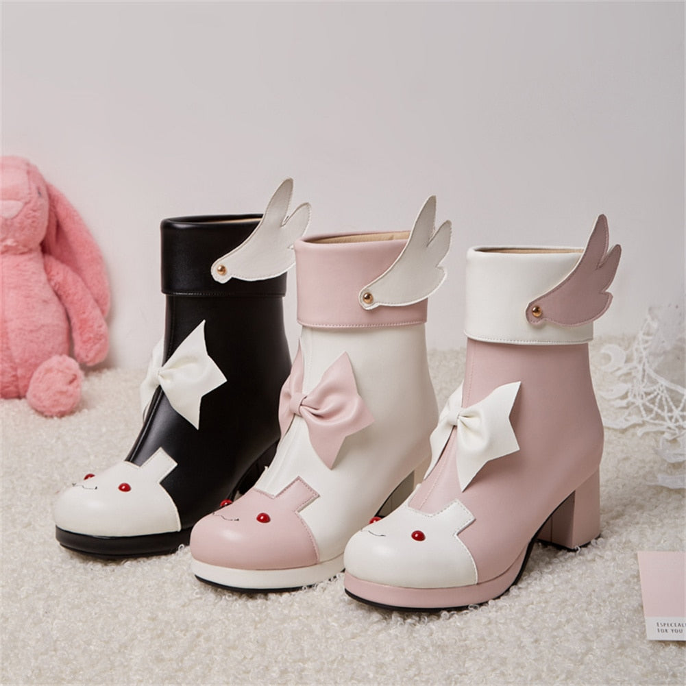 Pink/Black/White Plus Size Cute Rabbit Bowknot Wing Platform High Heels Boots BE510