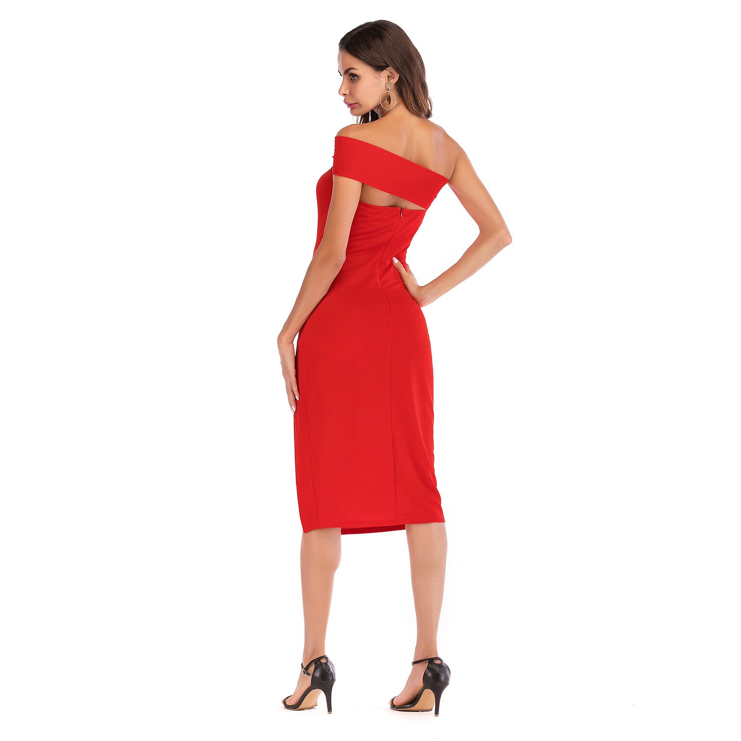 Off-shoulder slit solid color slim fit hip dress