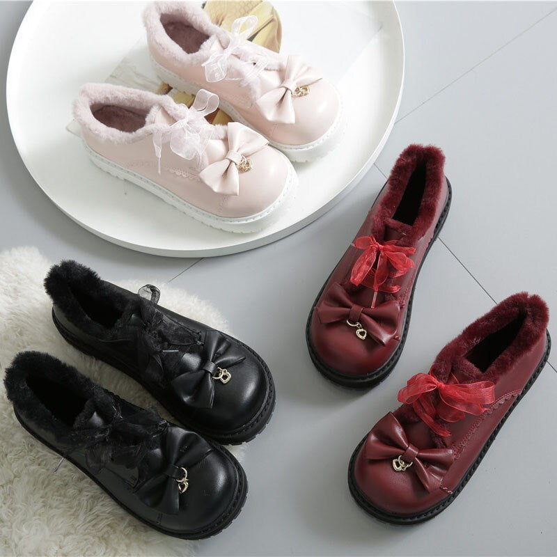 Pink/Black/Red Lolita Plush Warm Sweet Bow Shoes BE502