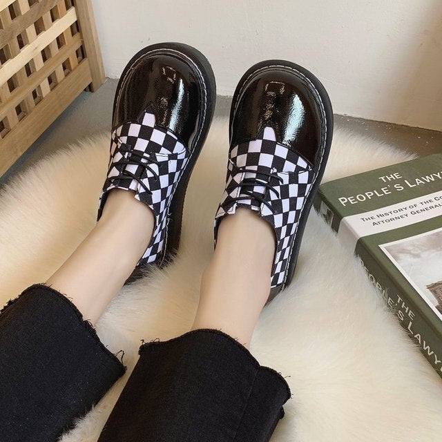 British Style Gothic Retro Plaid Leather Shoes SS2234
