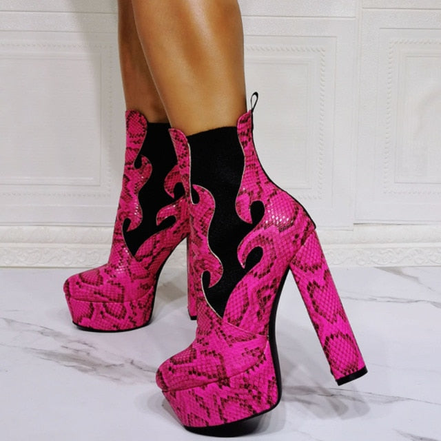 Goth Cool Black Flame Print Platform High Heel Ankle Boots BE568