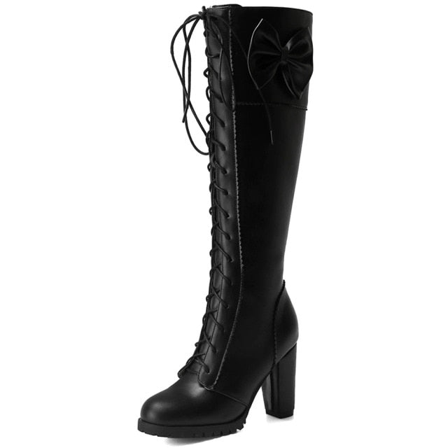 Black/Red/Pink/White Plus Size High Heels Lolita Sweet Zip Up Long Boots BE509