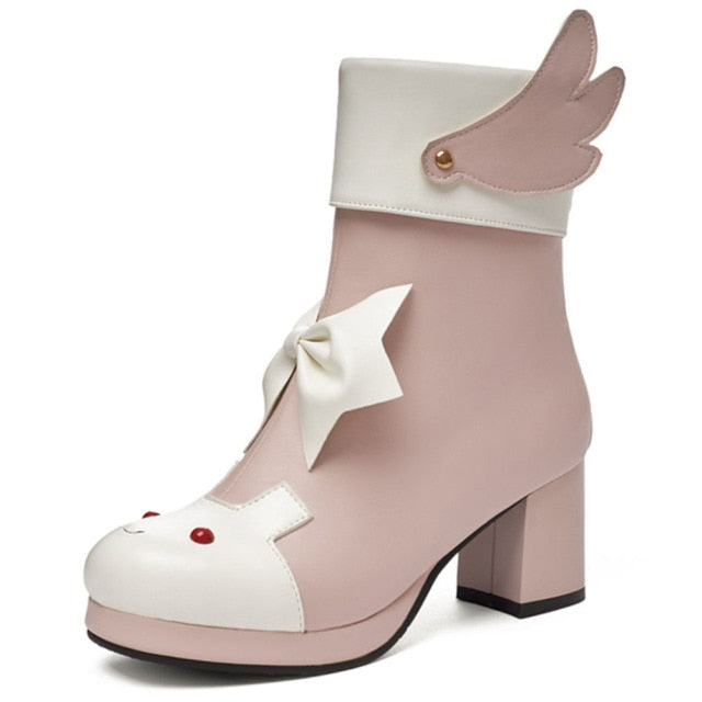 Pink/Black/White Plus Size Cute Rabbit Bowknot Wing Platform High Heels Boots BE510