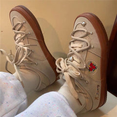 Pearl Flower Embroidery Beige/Green/Purple Sneakers BE846