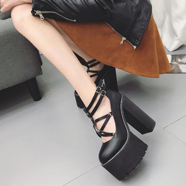Black/White Pentagram Double Strap Platform High Heels Shoes S13076