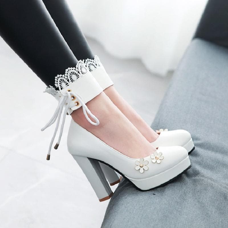 Pink/White/Black Sweet Lace Flower Lolita High Heel Shoes