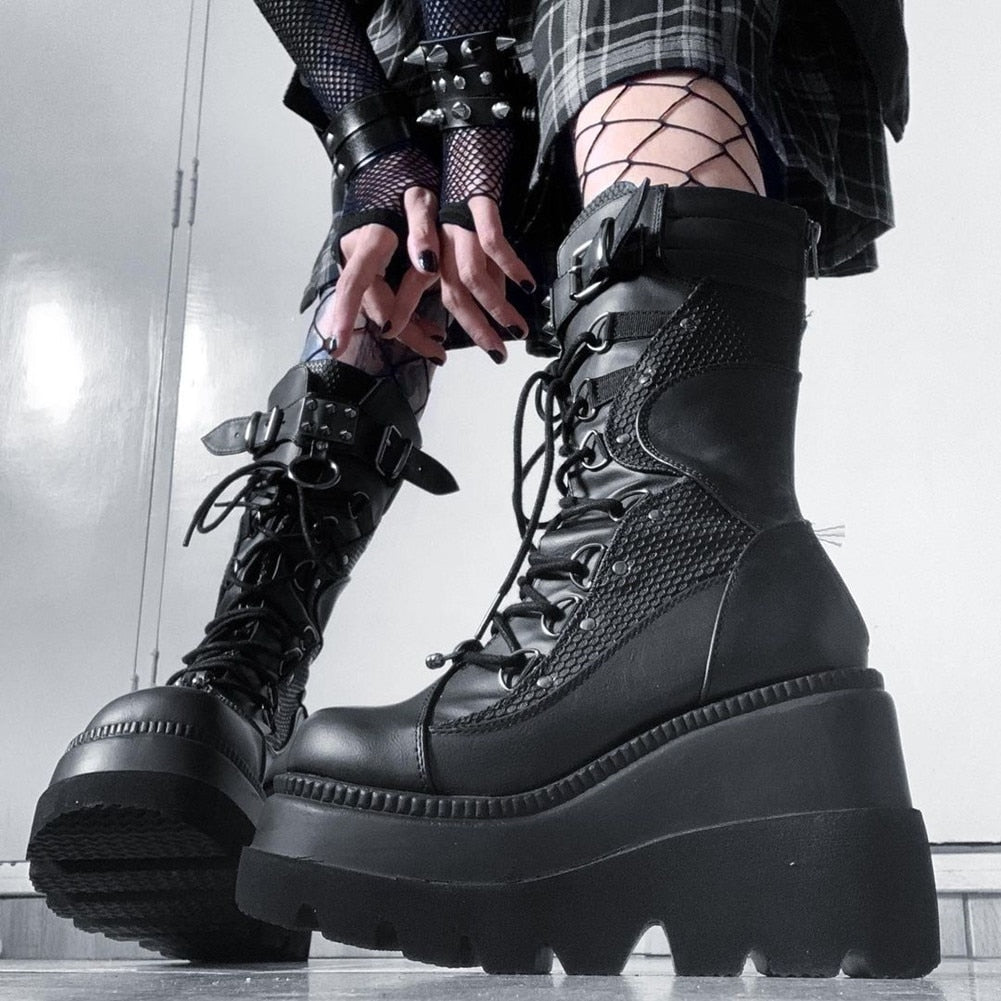 Black/White/Pink Goth Lace Up Buckle Strap Metal Platform Boots