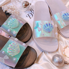 Black/Silver Hologram Mermaid Scallop Slippers