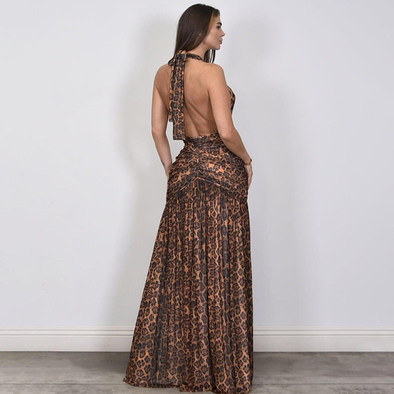 Deep V printed sleeveless halterneck dress