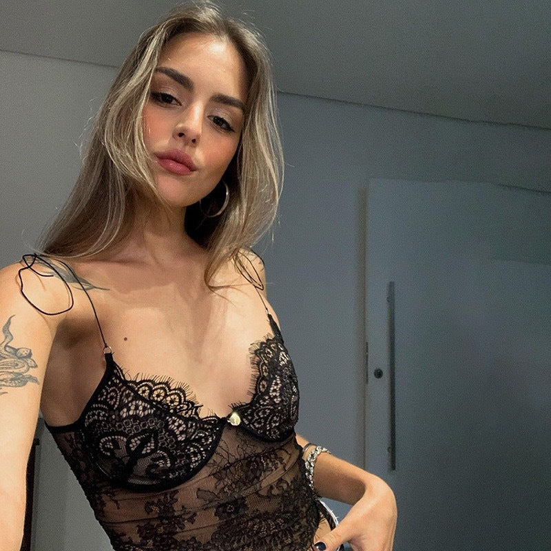 Low-Cut See-Through Lace Halter Top