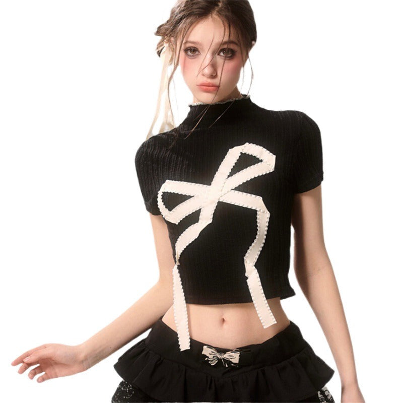 Short Blouse With A Small High-Neck Bow