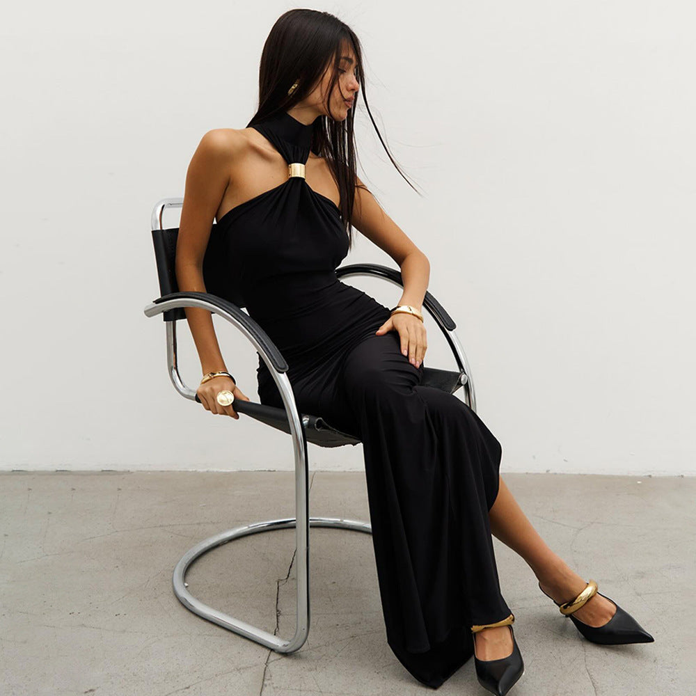 Solid color high collar sleeveless hip dress