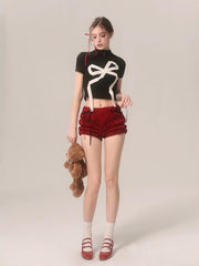 Short Blouse With A Small High-Neck Bow