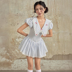 Ruffle lapel striped print waist dress