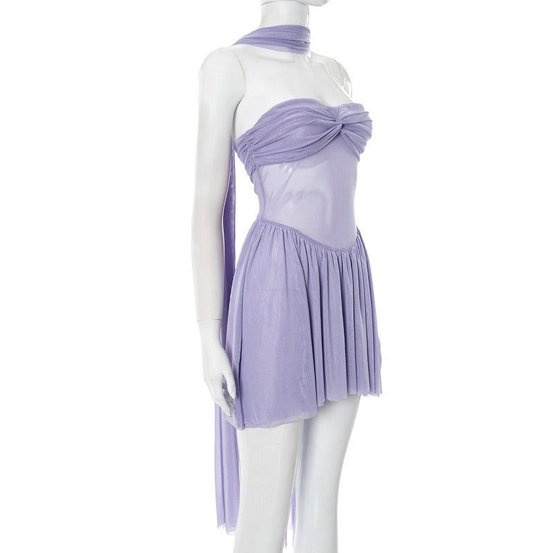 Sleeveless Tulle Dress with Bare Waist