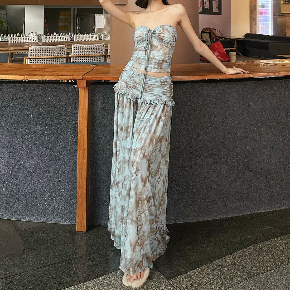 Printed Halterneck Tube Top And Waisted Skirt Set