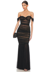 Hazel Off Shoulder Ruche Mesh Maxi Dress