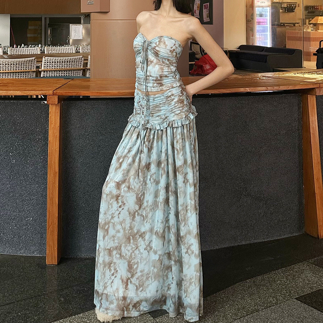 Printed Halterneck Tube Top And Waisted Skirt Set