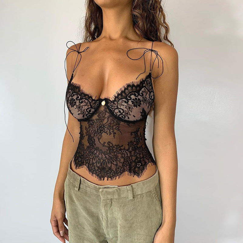 Low-Cut See-Through Lace Halter Top