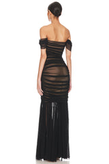Hazel Off Shoulder Ruche Mesh Maxi Dress