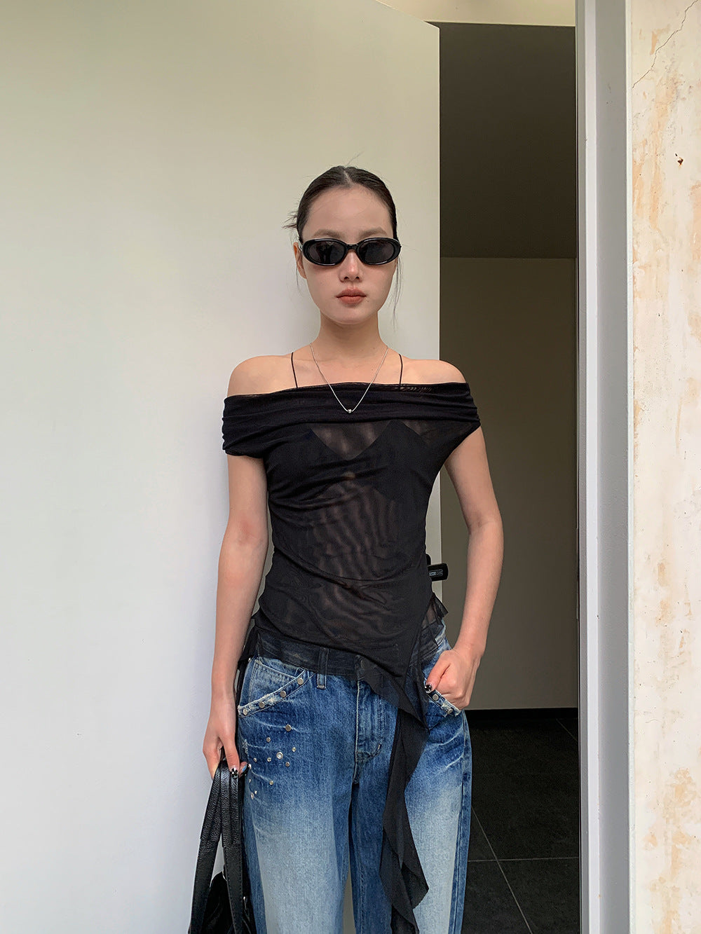 Off-Shoulder Mesh Top With Ribbon T-shirt