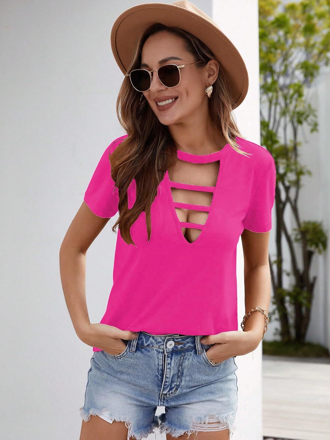 V-Neck Short-Sleeved T-Shirt With Laces