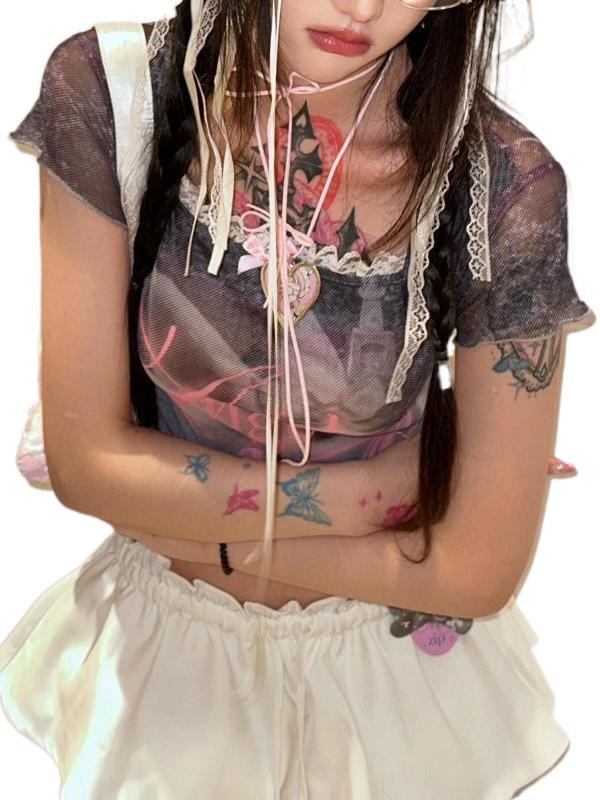 Bow Lace Elastic Mesh Top T-Shirt