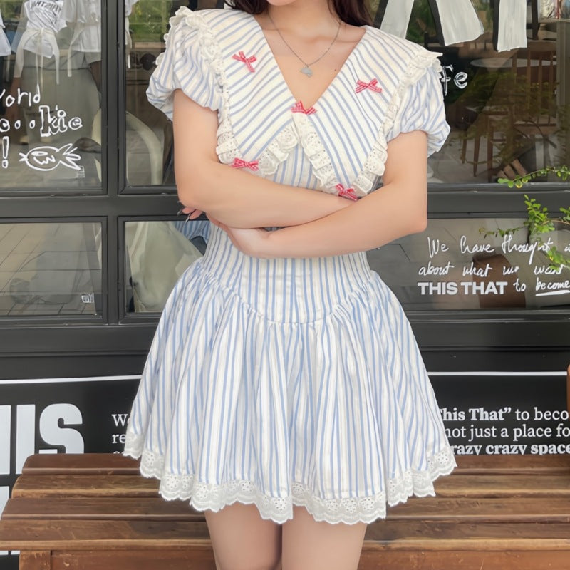 Ruffle lapel striped print waist dress