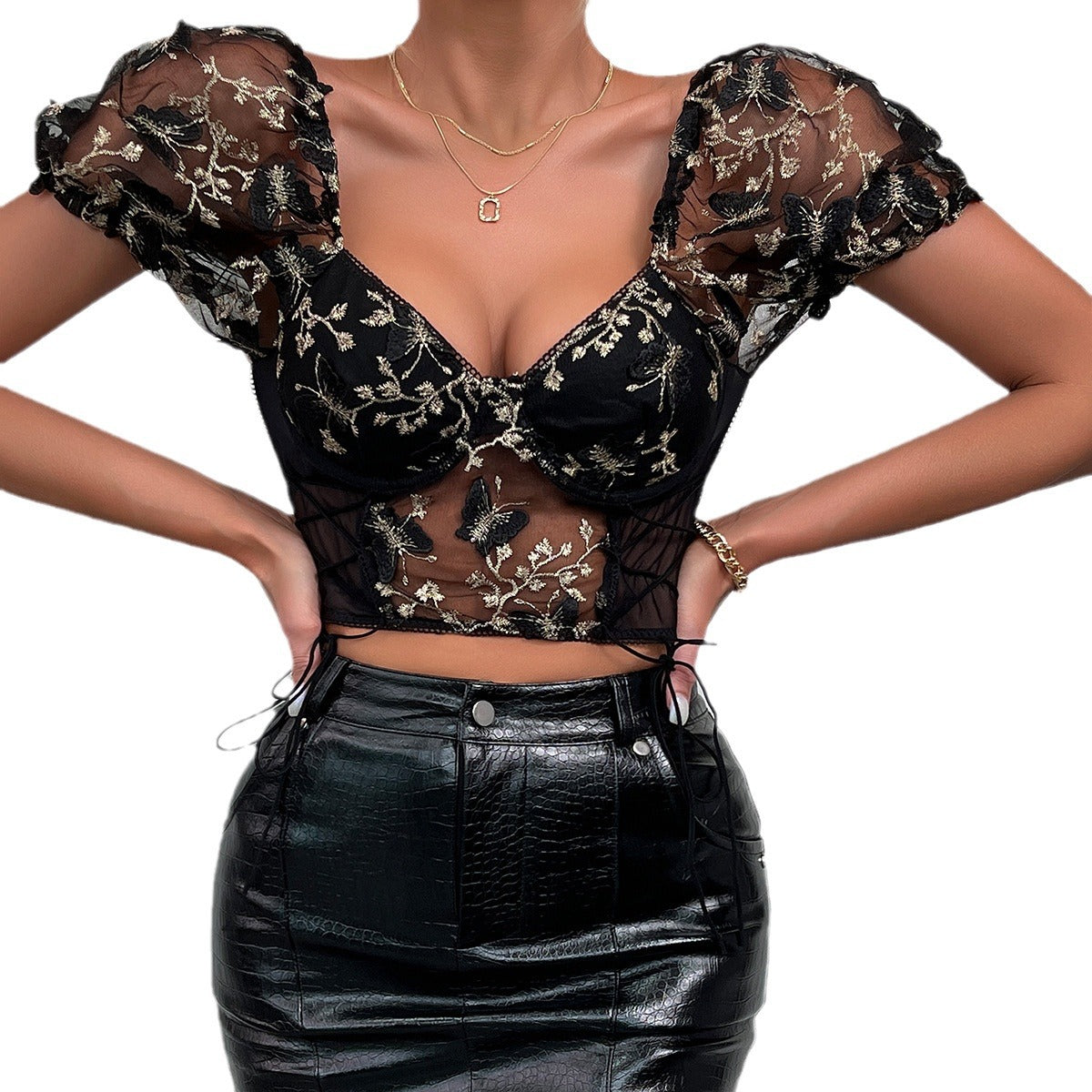 Butterfly-Embroidered Halter Top
