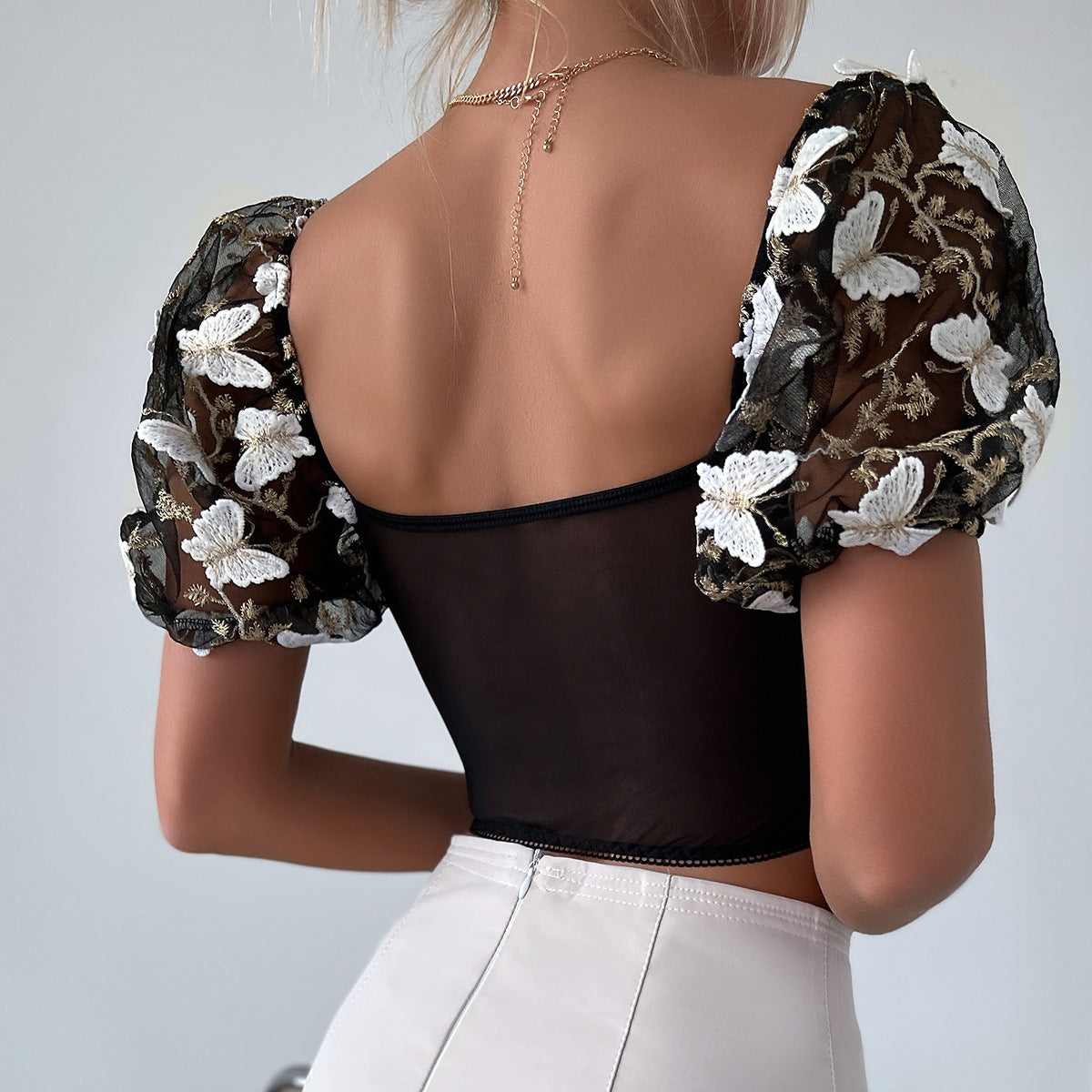 Butterfly-Embroidered Halter Top