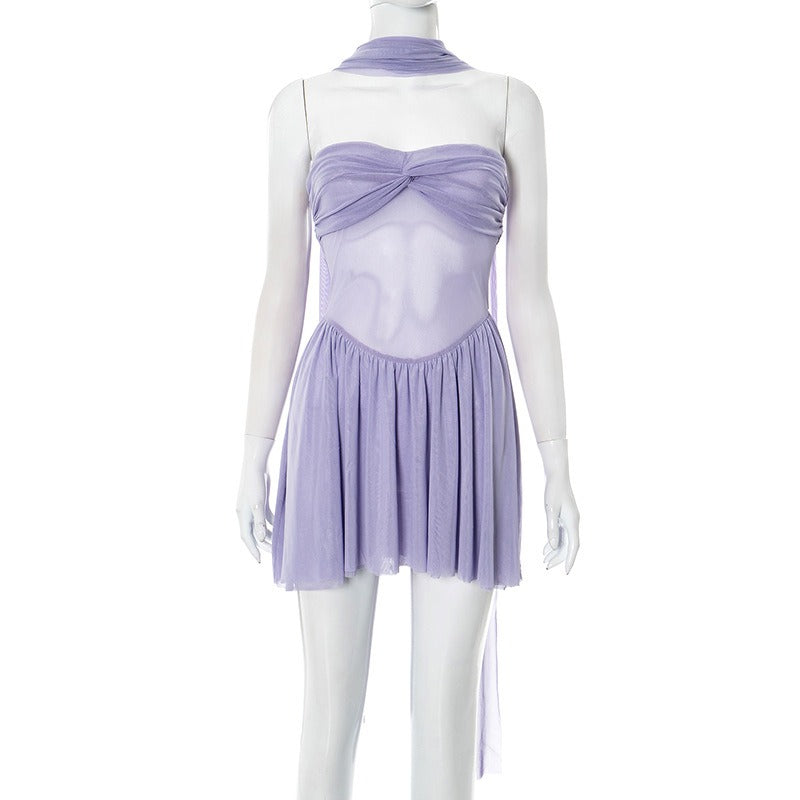 Sleeveless Tulle Dress with Bare Waist