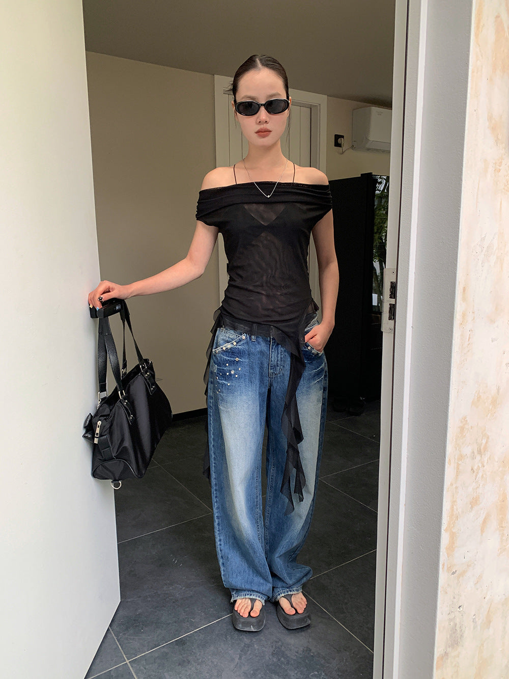 Off-Shoulder Mesh Top With Ribbon T-shirt