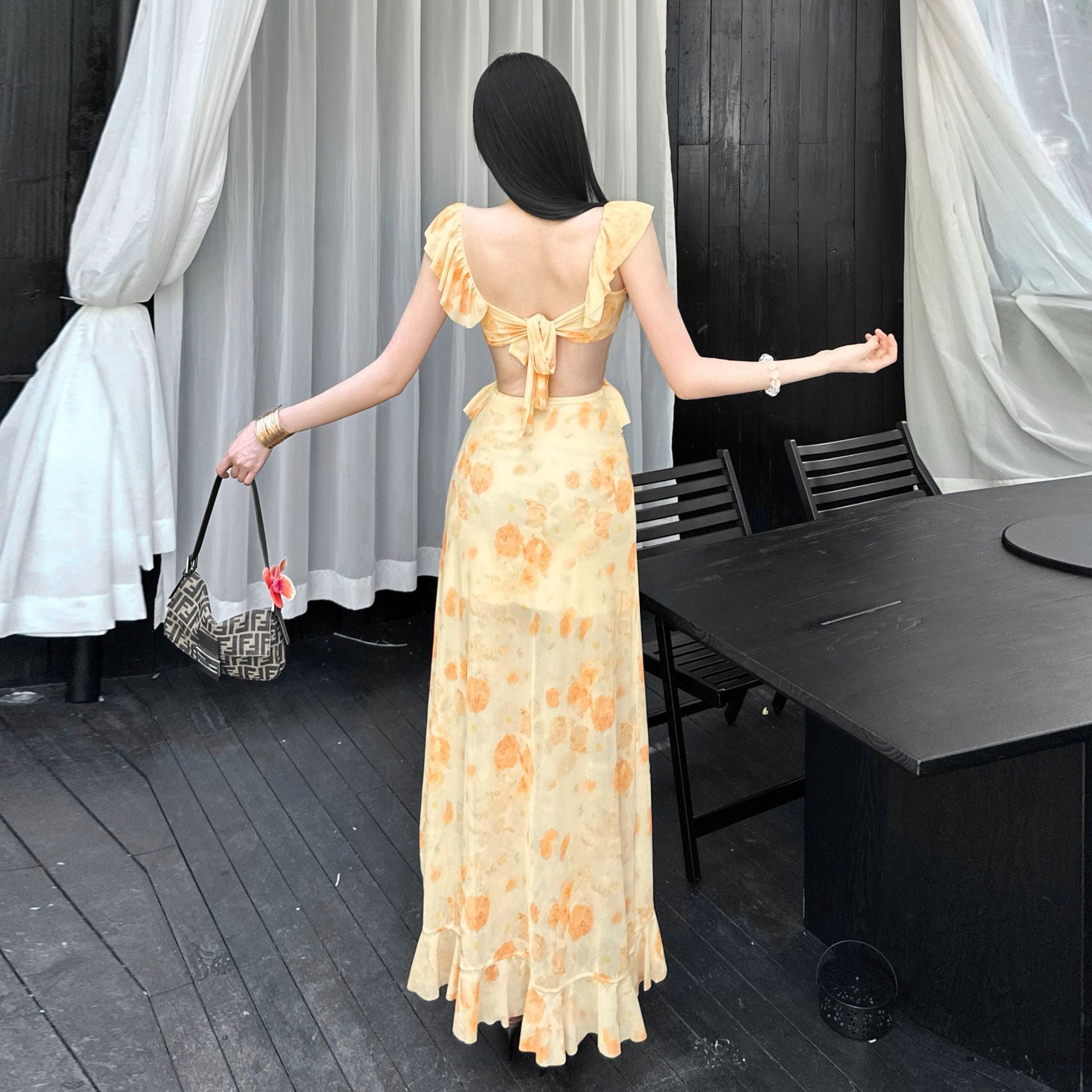 Hollow French retro style V-neck ruffled print dress