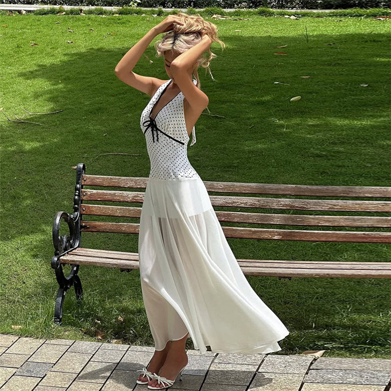 V-neck sleeveless slim halter neck tie polka dot maxi dress