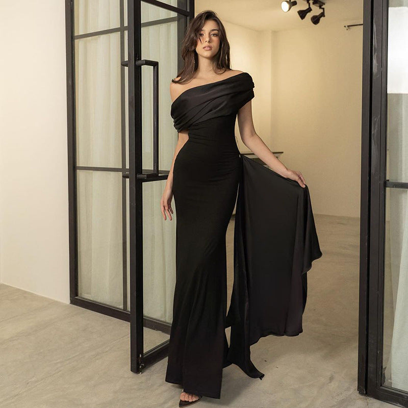 One shoulder mesh ribbon dress