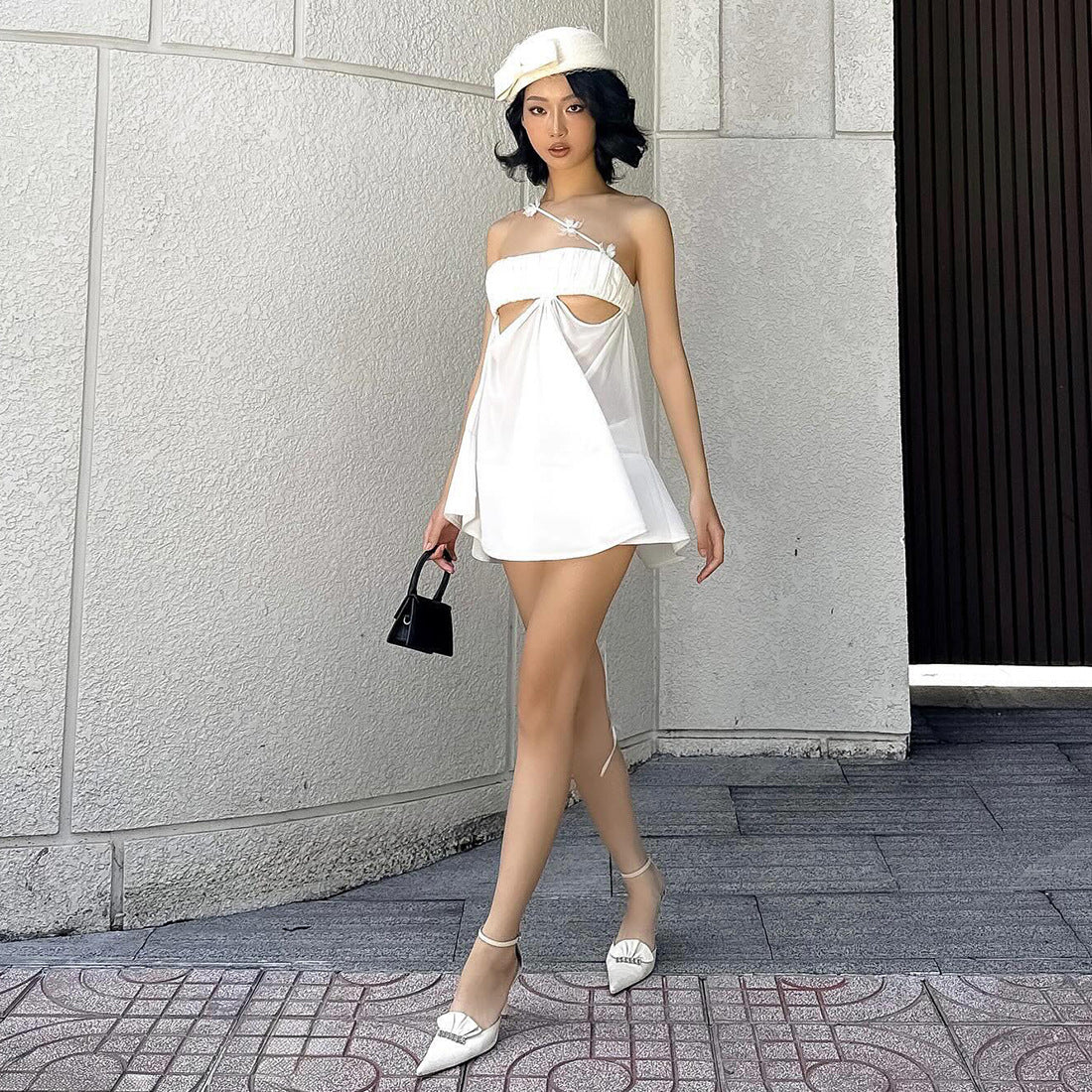 3D Flower Waist-baring Hollow Design Tube Dress
