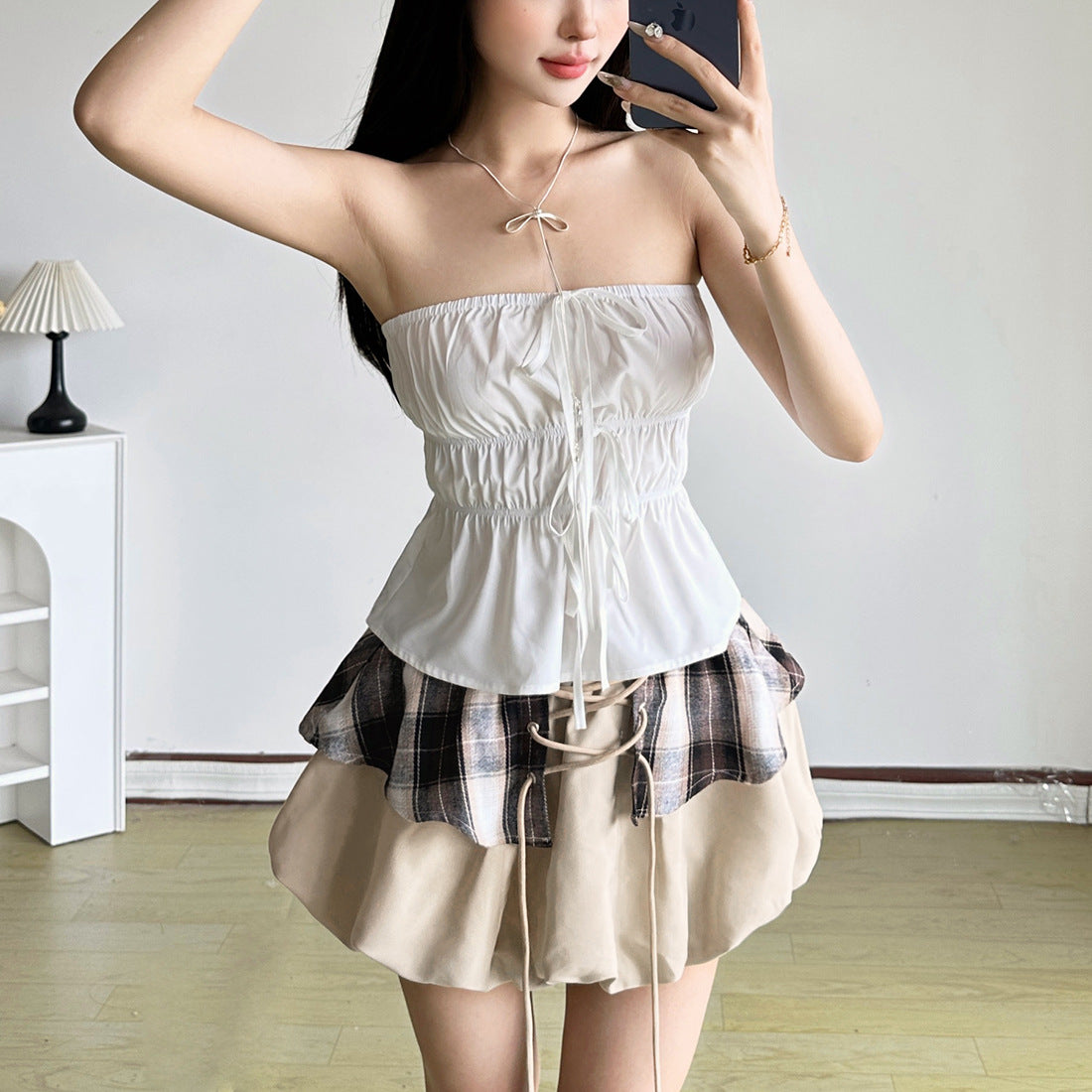 Pleated Bandeau Top Plaid Tie Tutu Skirt