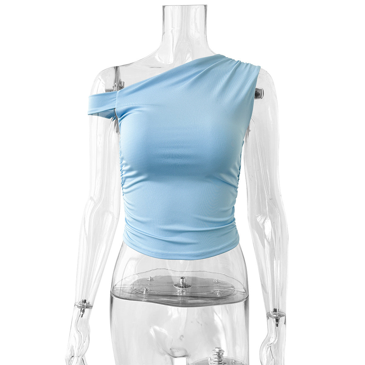 A Sleeveless Pleated Blouse With A slanted Collar