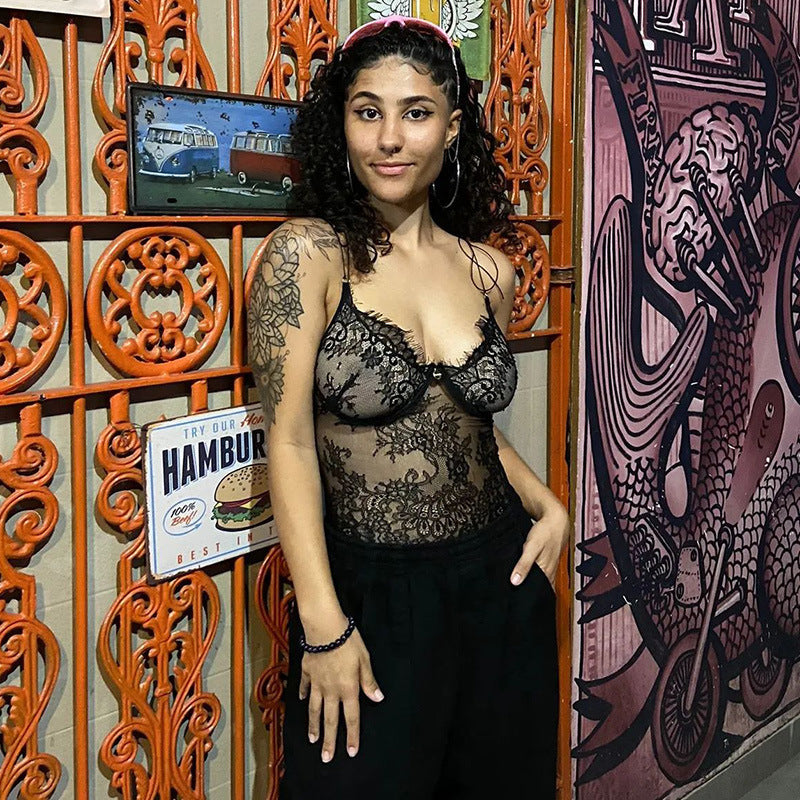 Low-Cut See-Through Lace Halter Top